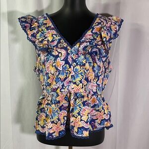 Nanette Lepore Blue Multicolor Floral Print Ruffled V-Neck Peplum Hem Blouse